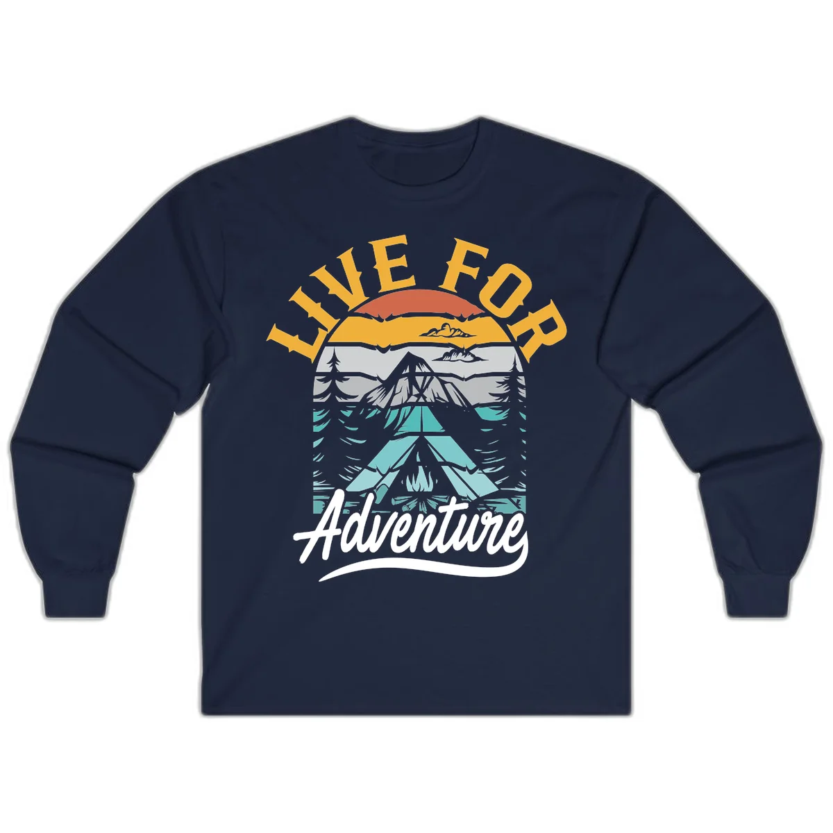 Live for adventure mountain landscape design with layered peaks, camping tent, forests, and golden sun rays. in Navy