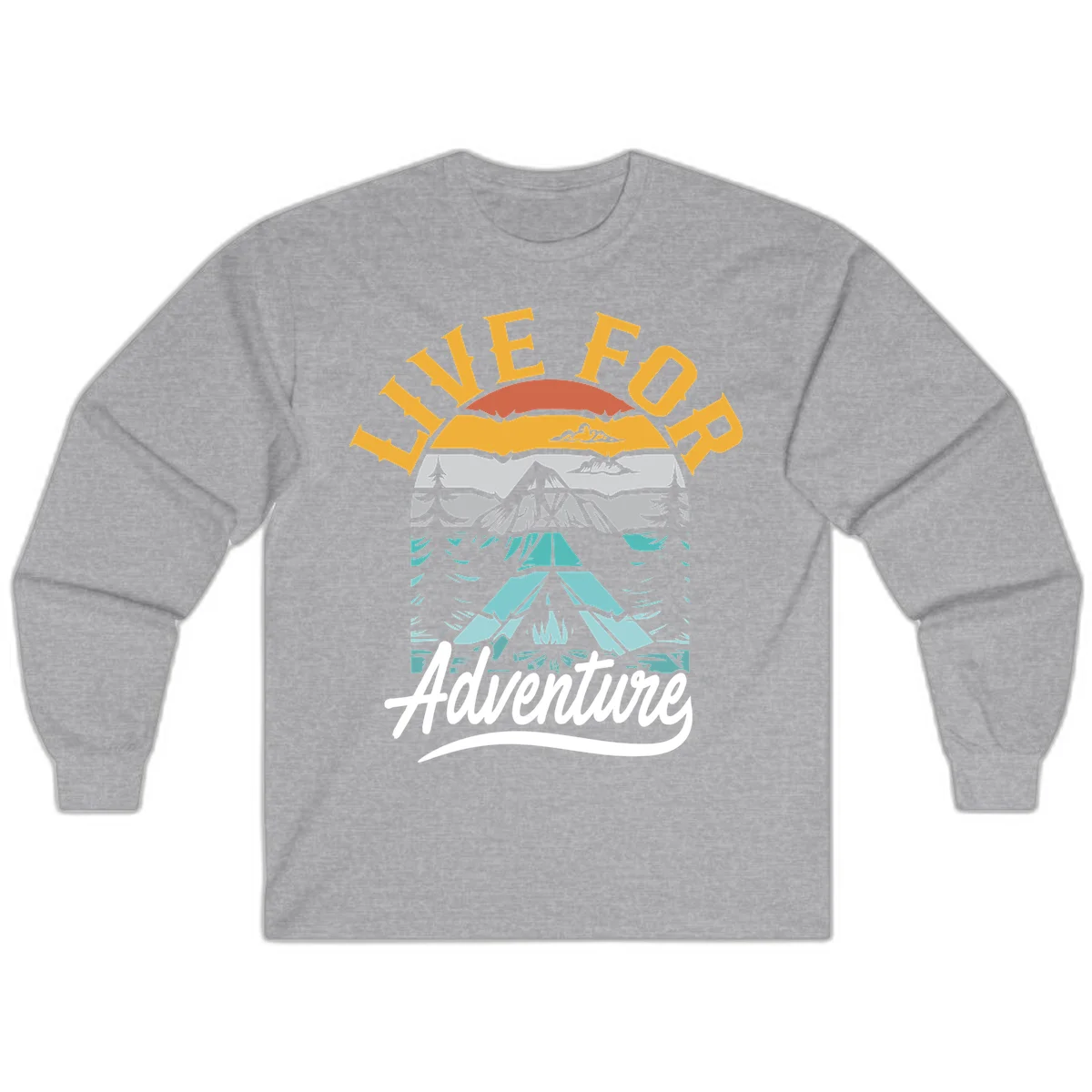 Live for adventure mountain landscape design with layered peaks, camping tent, forests, and golden sun rays. in Sport Grey