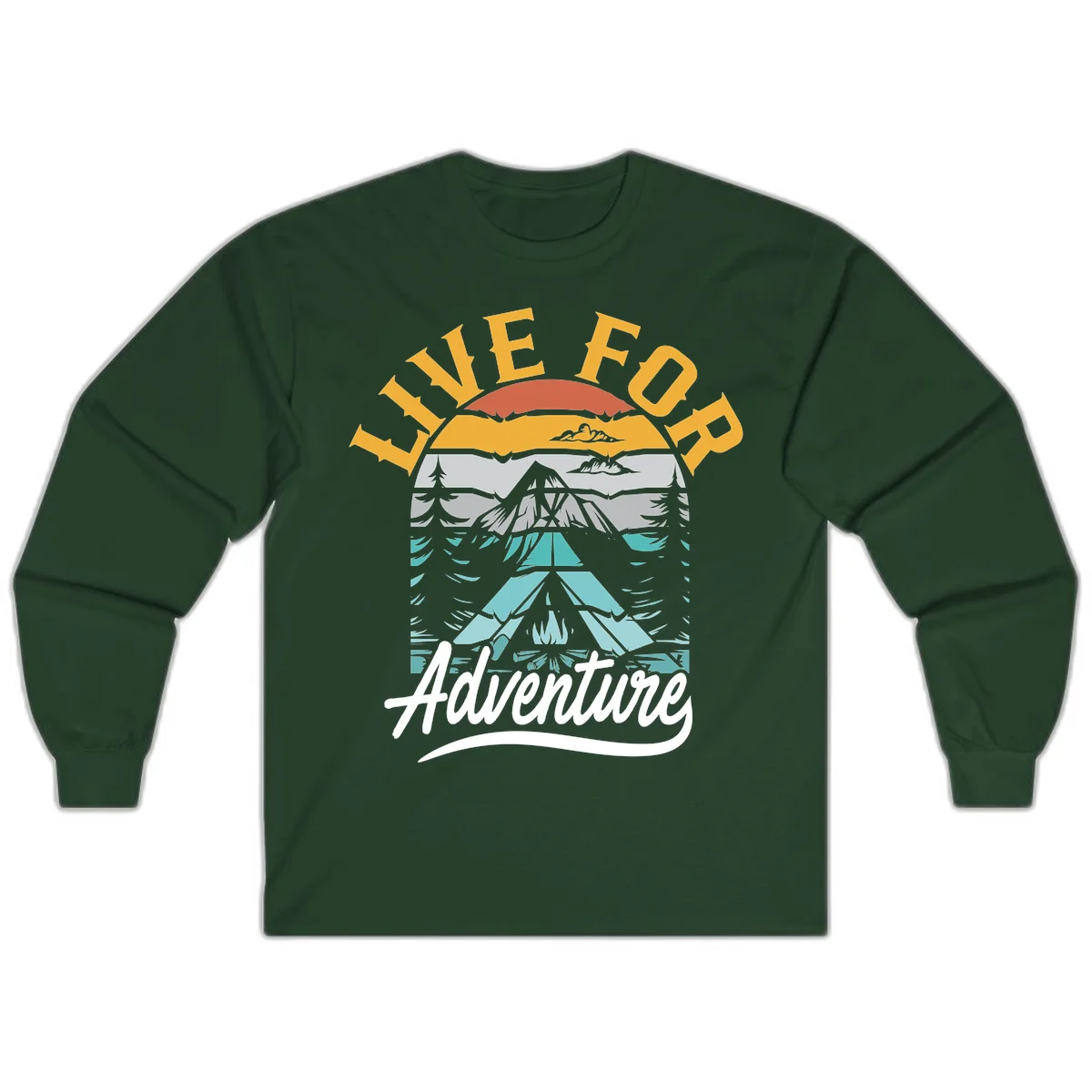 Live for adventure mountain landscape design with layered peaks, camping tent, forests, and golden sun rays. in Forest Green