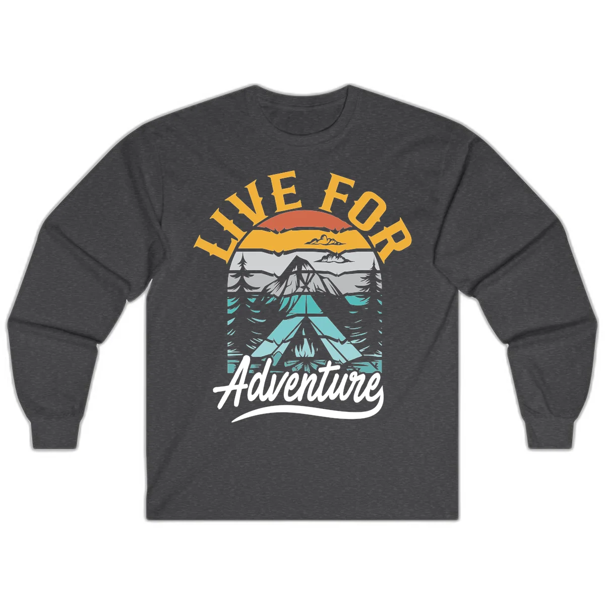 Live for adventure mountain landscape design with layered peaks, camping tent, forests, and golden sun rays. in Dark Heather