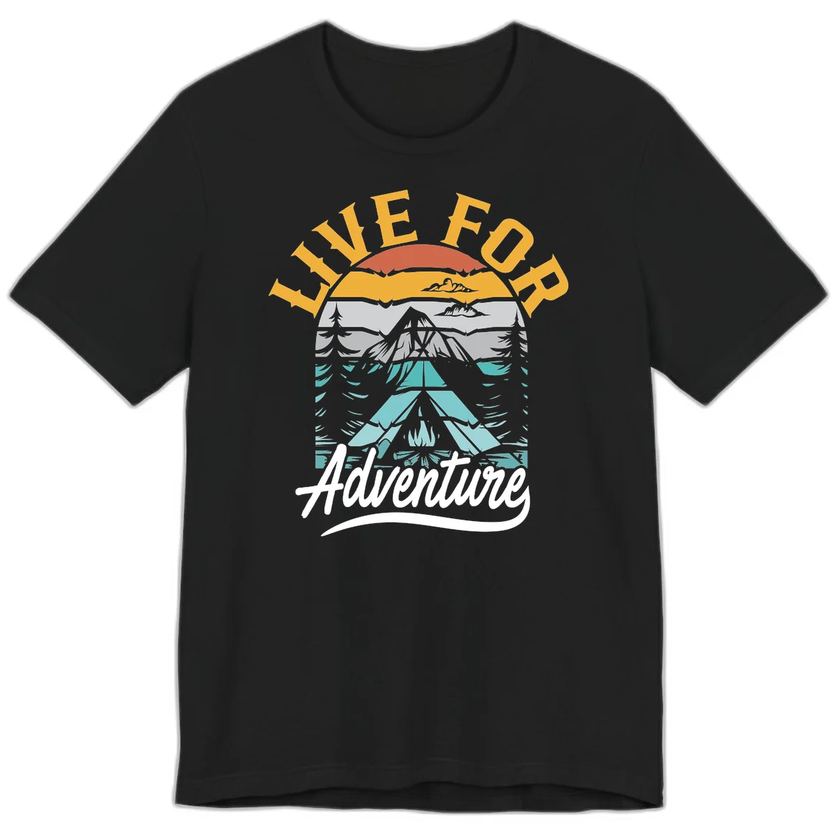 Live for adventure mountain landscape design with layered peaks, camping tent, forests, and golden sun rays. in Black