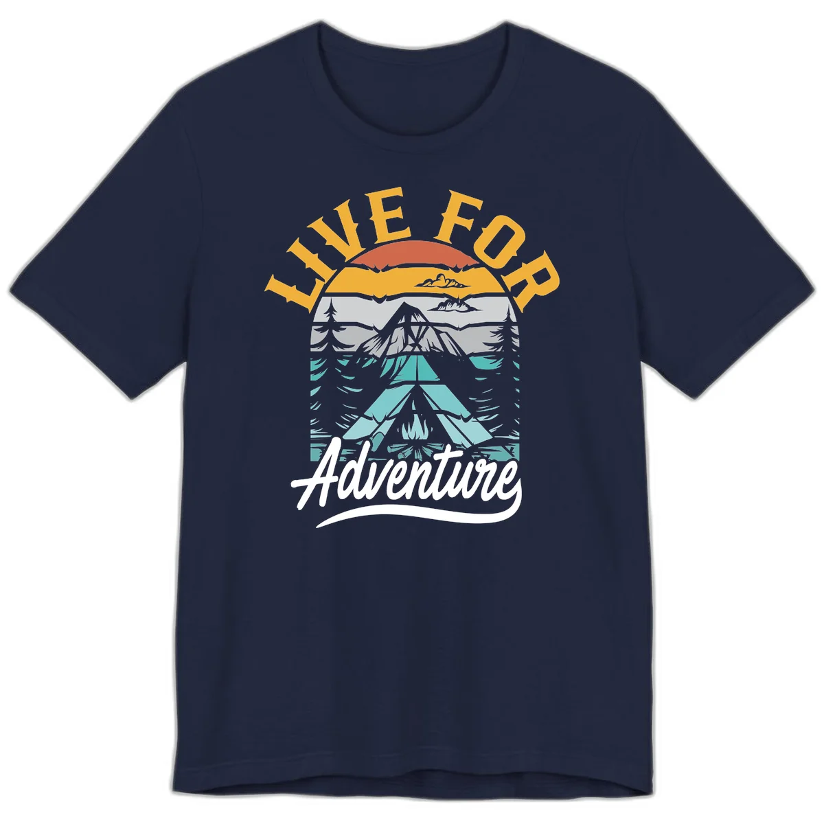 Live for adventure mountain landscape design with layered peaks, camping tent, forests, and golden sun rays. in Navy