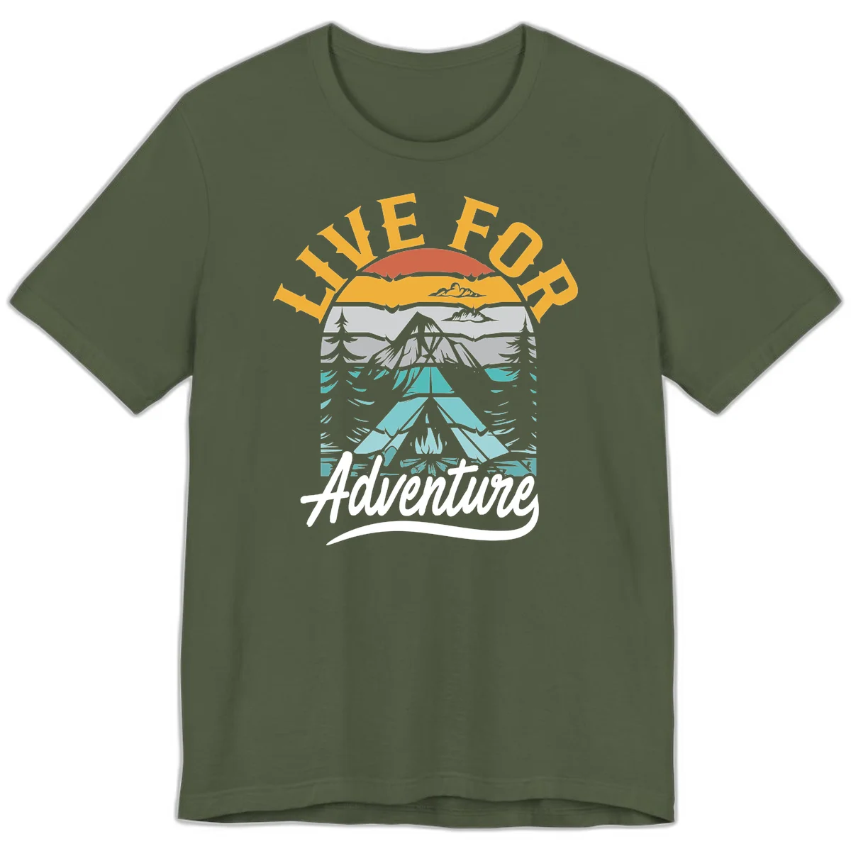 Live for adventure mountain landscape design with layered peaks, camping tent, forests, and golden sun rays. in Military Green