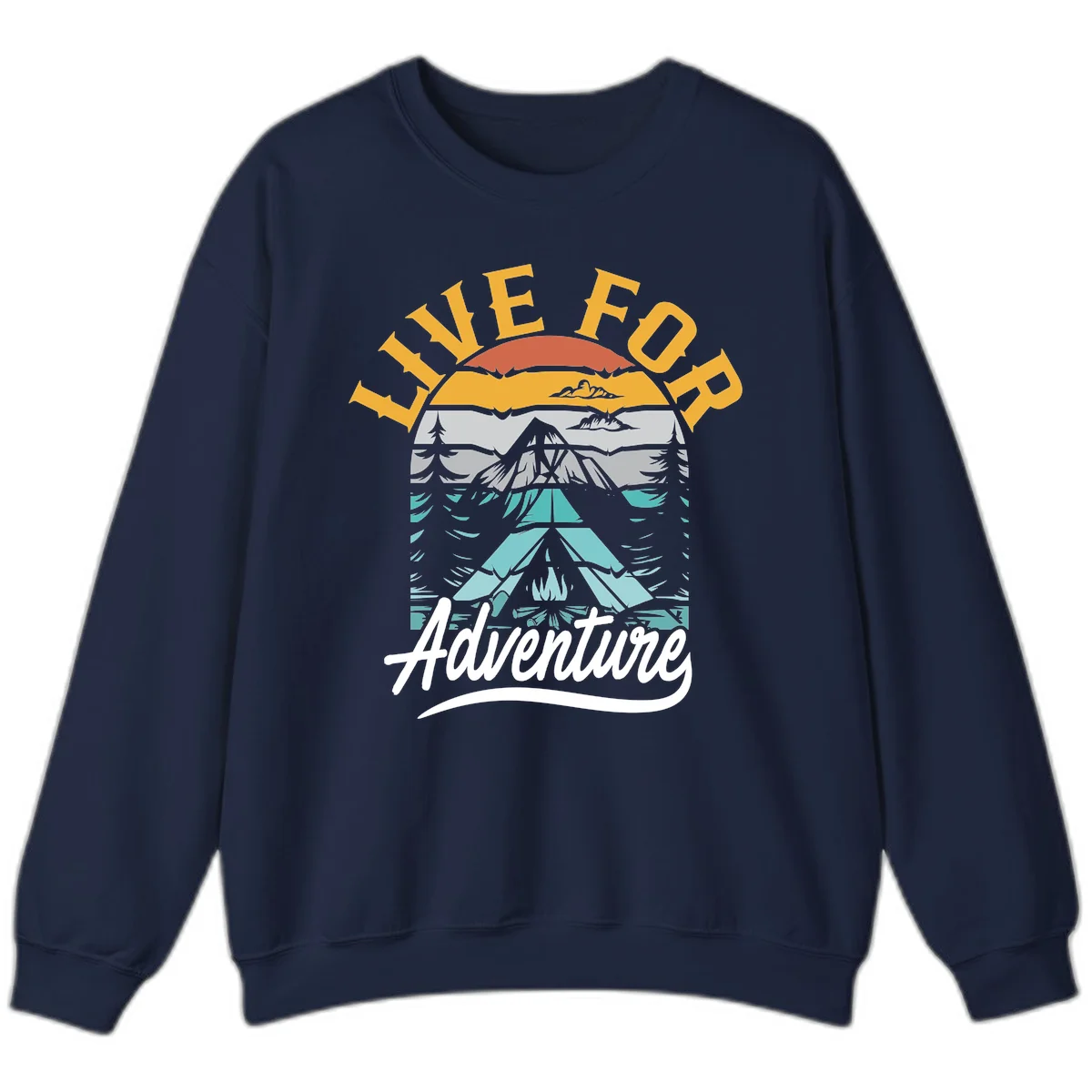 Live for adventure mountain landscape design with layered peaks, camping tent, forests, and golden sun rays. in Navy