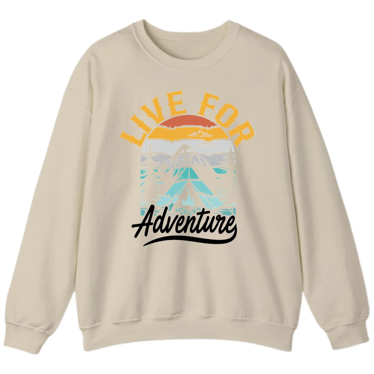 Live for adventure mountain landscape design with layered peaks, camping tent, forests, and golden sun rays. in Sand