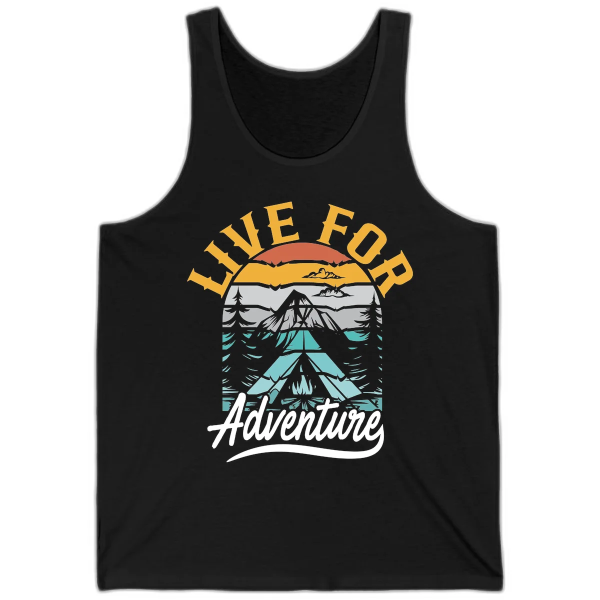 Live for adventure mountain landscape design with layered peaks, camping tent, forests, and golden sun rays. in Black