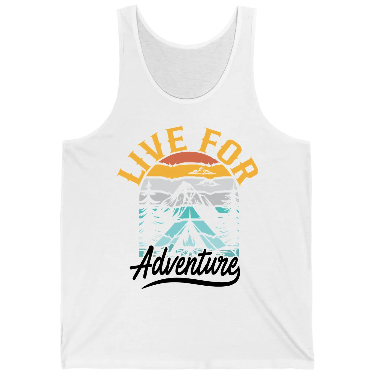Live for adventure mountain landscape design with layered peaks, camping tent, forests, and golden sun rays. in White