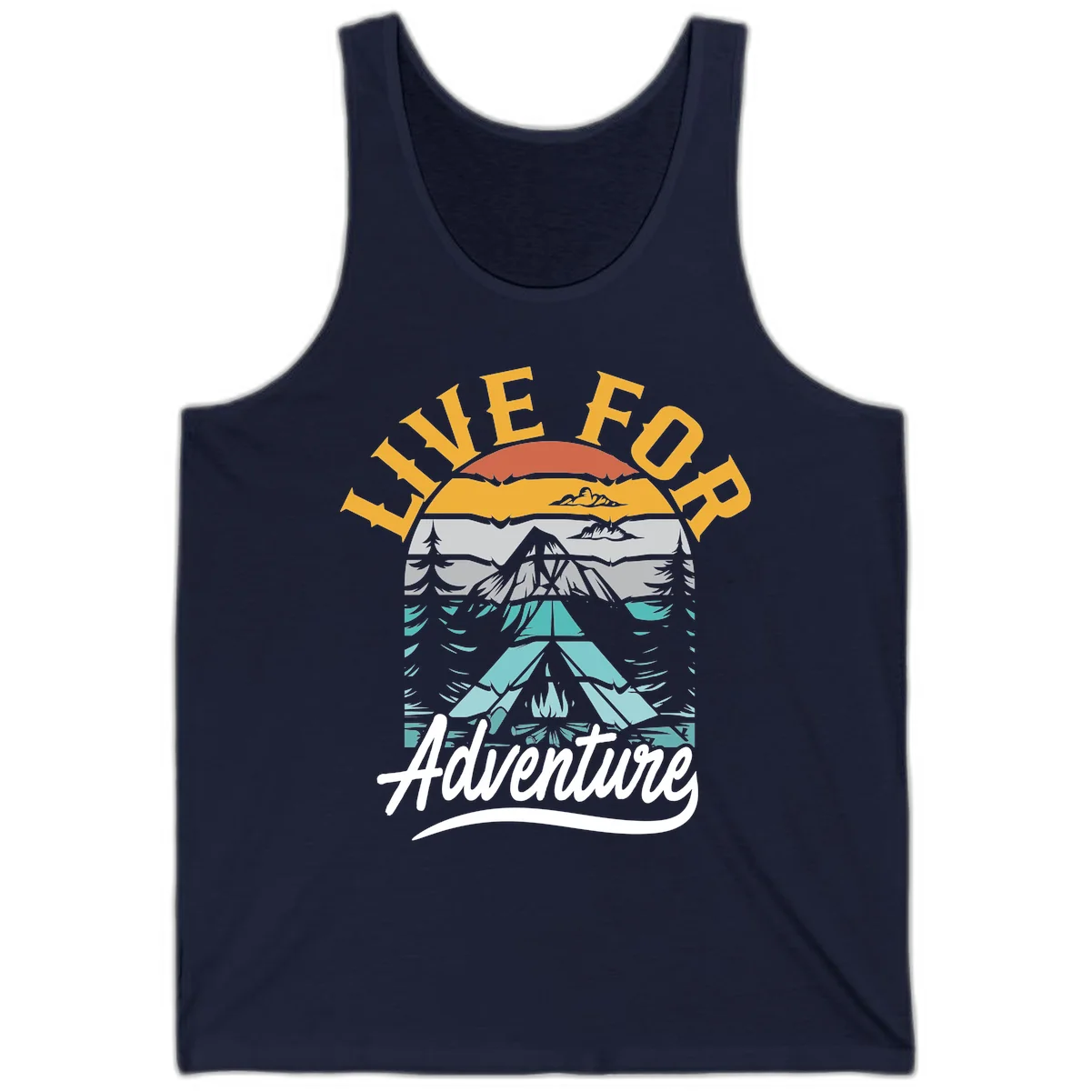 Live for adventure mountain landscape design with layered peaks, camping tent, forests, and golden sun rays. in Navy