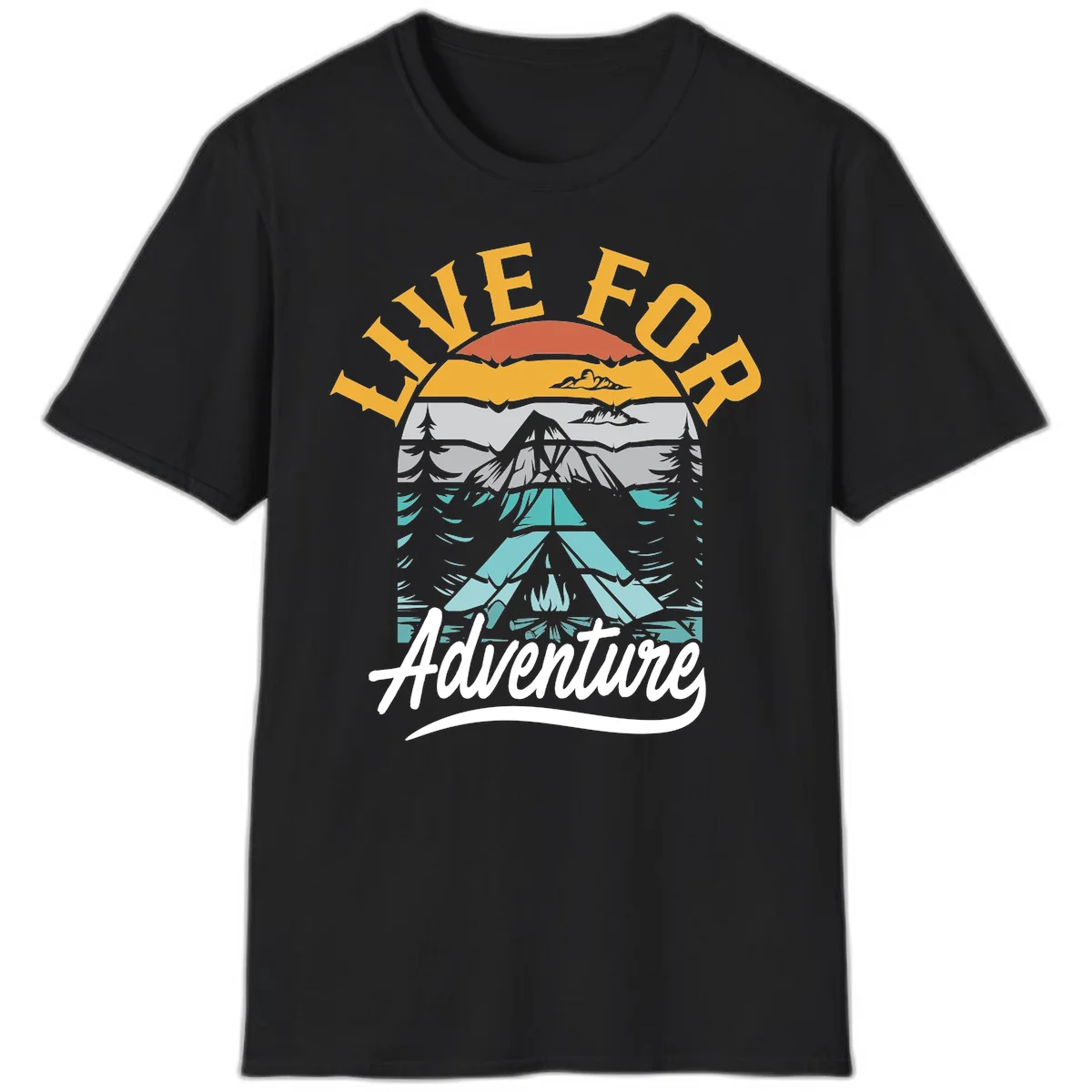 Live for adventure mountain landscape design with layered peaks, camping tent, forests, and golden sun rays. in Black
