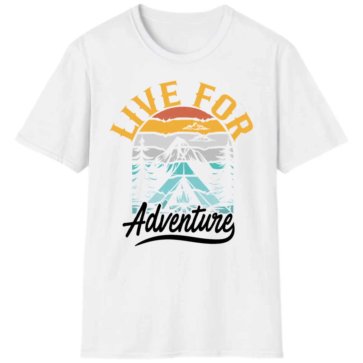 Live for adventure mountain landscape design with layered peaks, camping tent, forests, and golden sun rays. in White