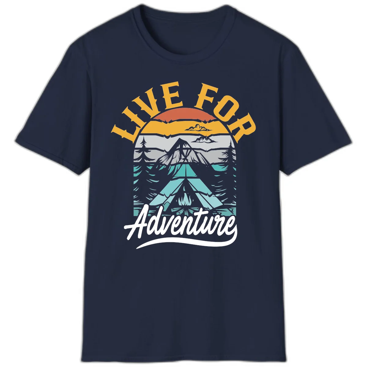 Live for adventure mountain landscape design with layered peaks, camping tent, forests, and golden sun rays. in Navy