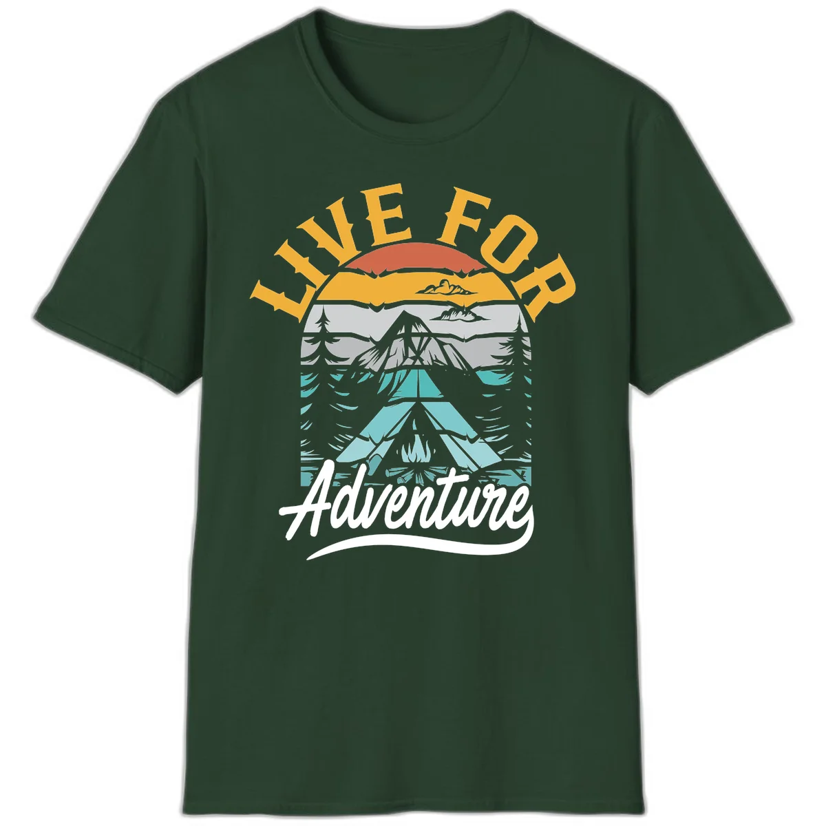 Live for adventure mountain landscape design with layered peaks, camping tent, forests, and golden sun rays. in Forest Green