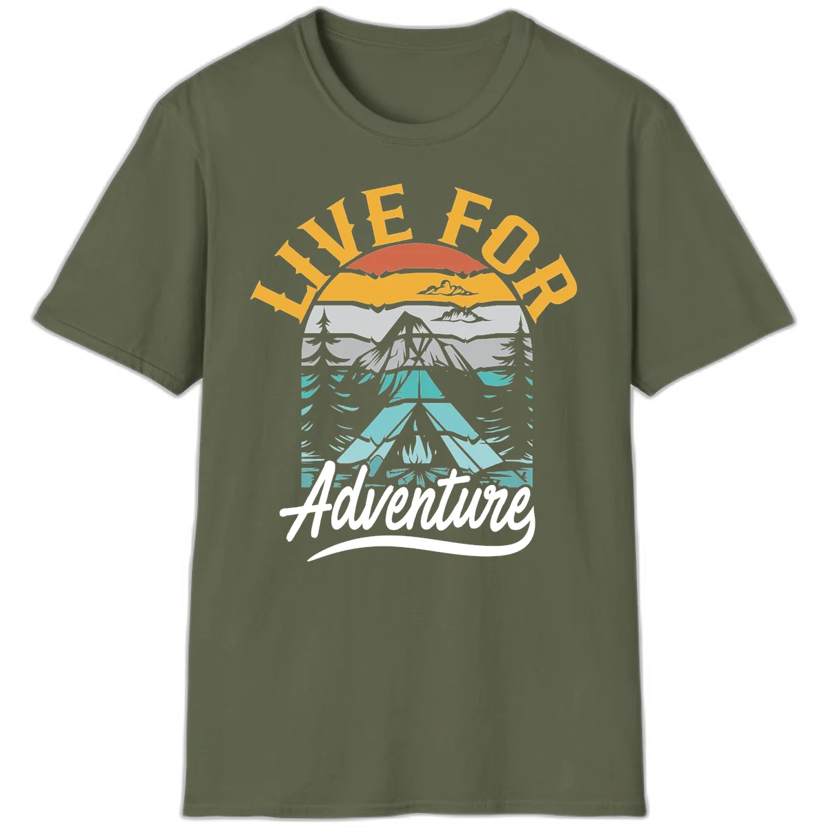 Live for adventure mountain landscape design with layered peaks, camping tent, forests, and golden sun rays. in Military Green