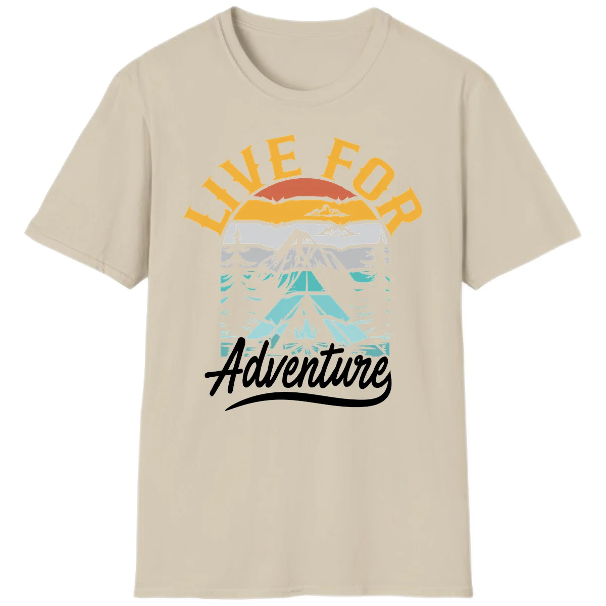 Live for adventure mountain landscape design with layered peaks, camping tent, forests, and golden sun rays. in Sand