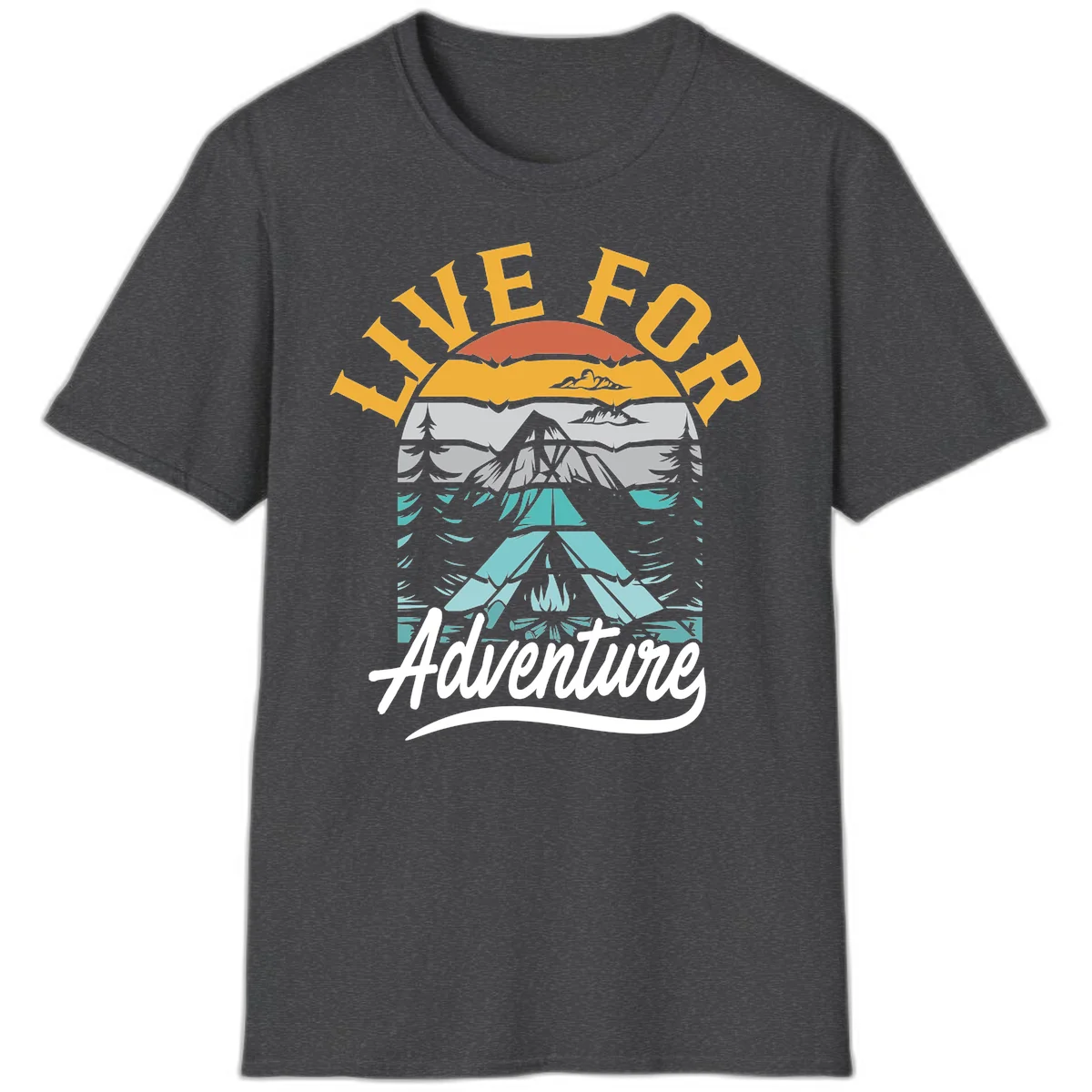 Live for adventure mountain landscape design with layered peaks, camping tent, forests, and golden sun rays. in Dark Heather