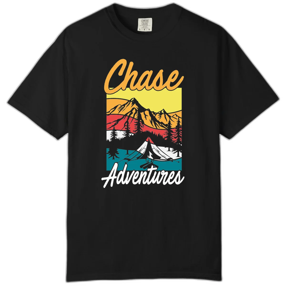 Retro-style chase adventures camping design with layered mountains, tent, campfire, and pine trees in warm oranges and cool teals. in Black