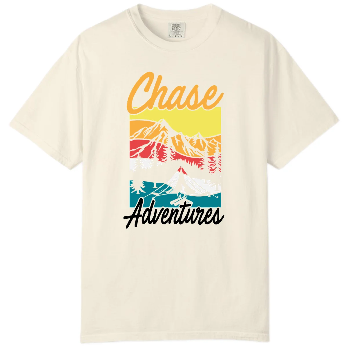 Retro-style chase adventures camping design with layered mountains, tent, campfire, and pine trees in warm oranges and cool teals. in Ivory