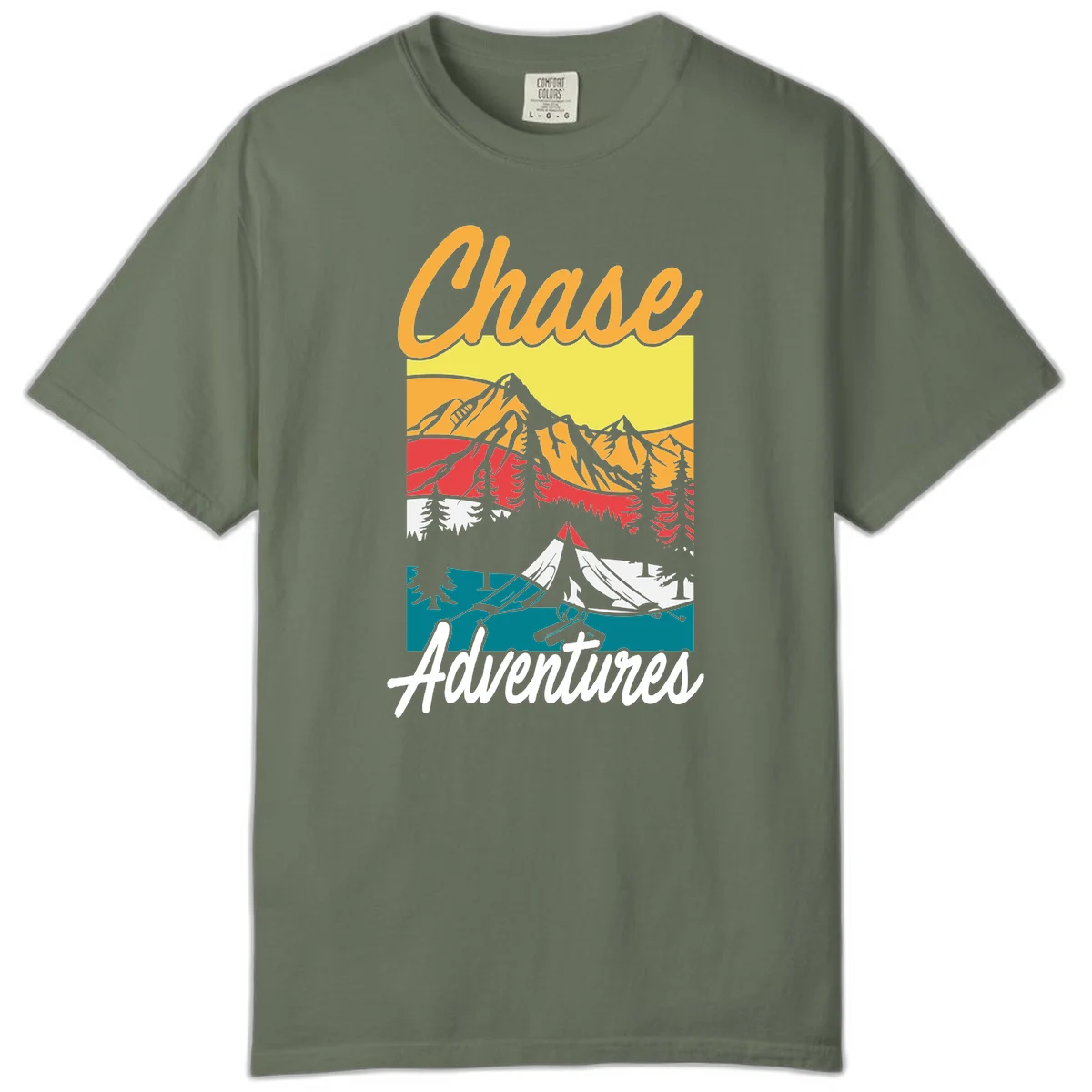 Retro-style chase adventures camping design with layered mountains, tent, campfire, and pine trees in warm oranges and cool teals. in Moss