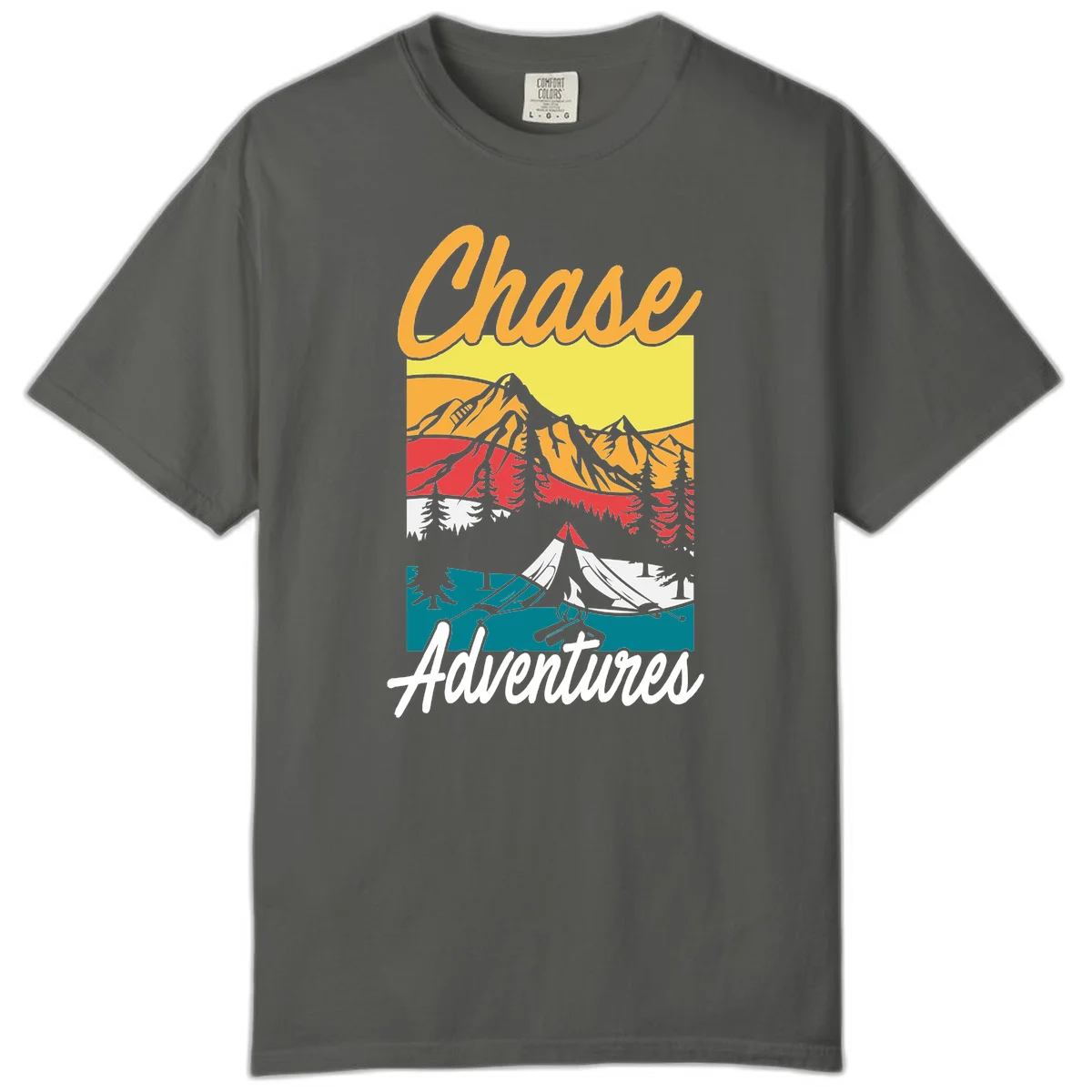 Retro-style chase adventures camping design with layered mountains, tent, campfire, and pine trees in warm oranges and cool teals. in Pepper