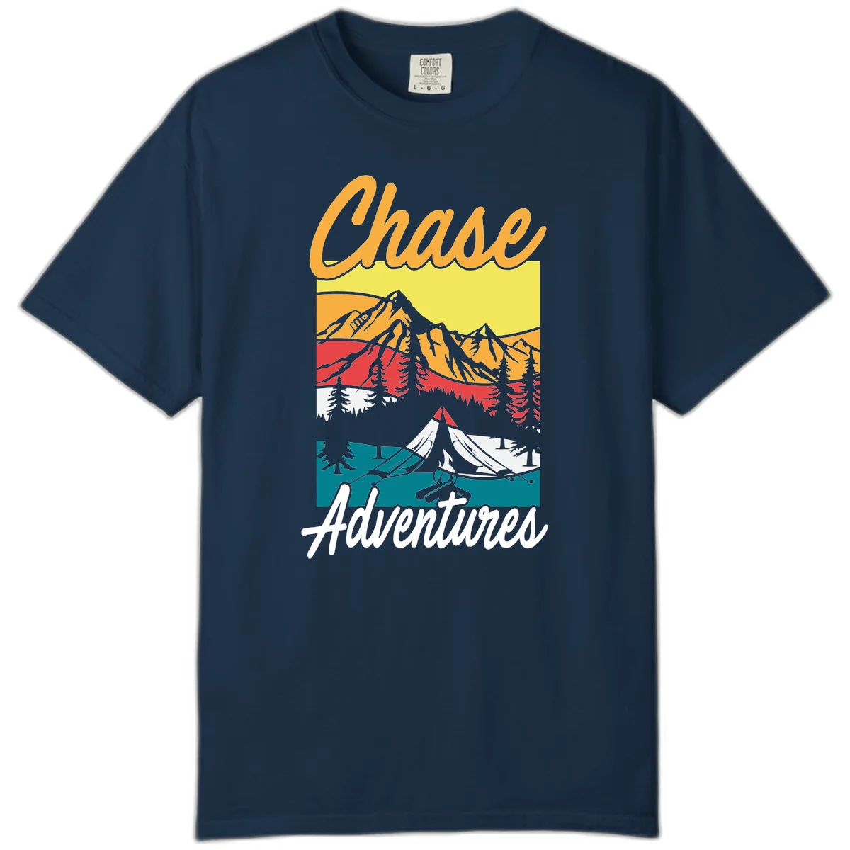 Retro-style chase adventures camping design with layered mountains, tent, campfire, and pine trees in warm oranges and cool teals. in True Navy