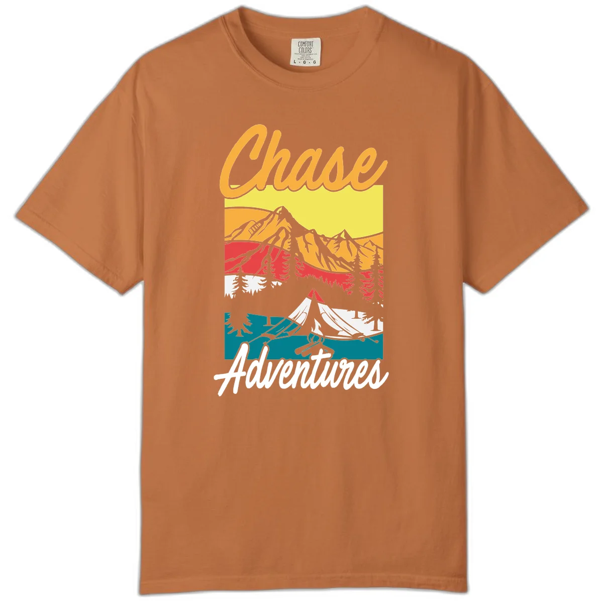 Retro-style chase adventures camping design with layered mountains, tent, campfire, and pine trees in warm oranges and cool teals. in Yam
