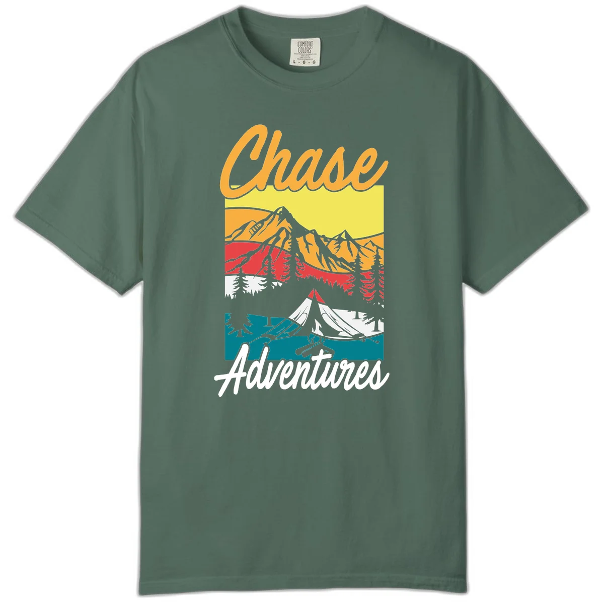 Retro-style chase adventures camping design with layered mountains, tent, campfire, and pine trees in warm oranges and cool teals. in Blue Spruce