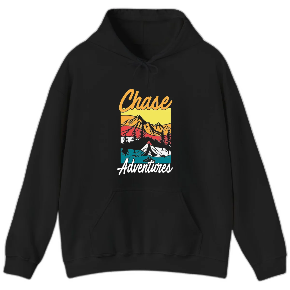 Retro-style chase adventures camping design with layered mountains, tent, campfire, and pine trees in warm oranges and cool teals. in Black