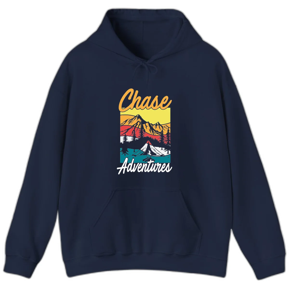 Retro-style chase adventures camping design with layered mountains, tent, campfire, and pine trees in warm oranges and cool teals. in Navy
