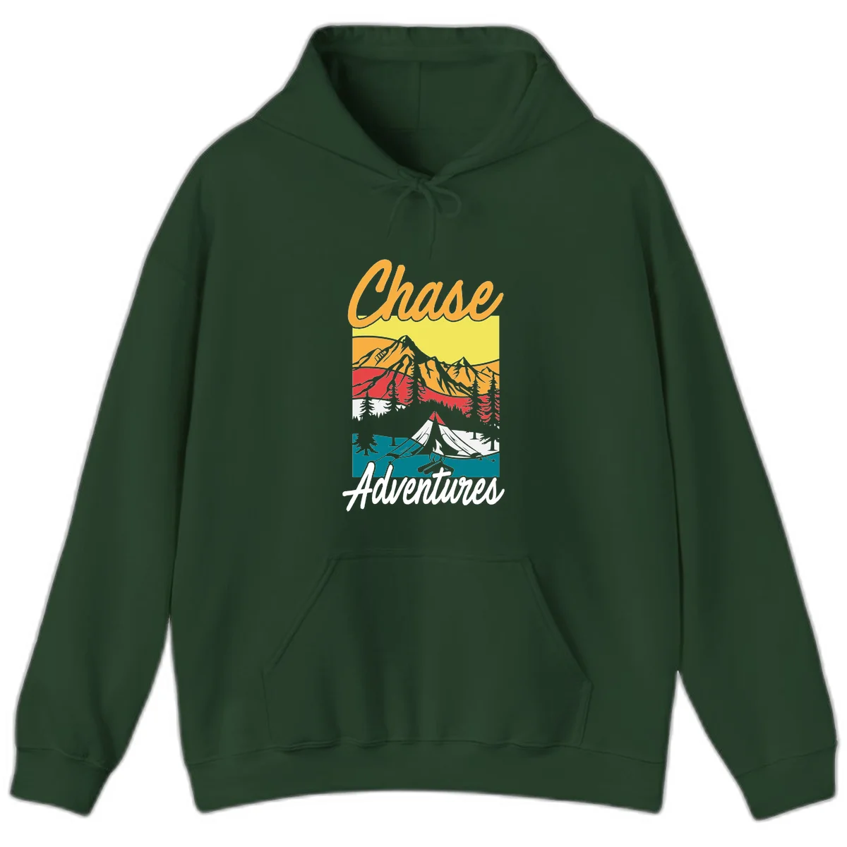 Retro-style chase adventures camping design with layered mountains, tent, campfire, and pine trees in warm oranges and cool teals. in Forest Green