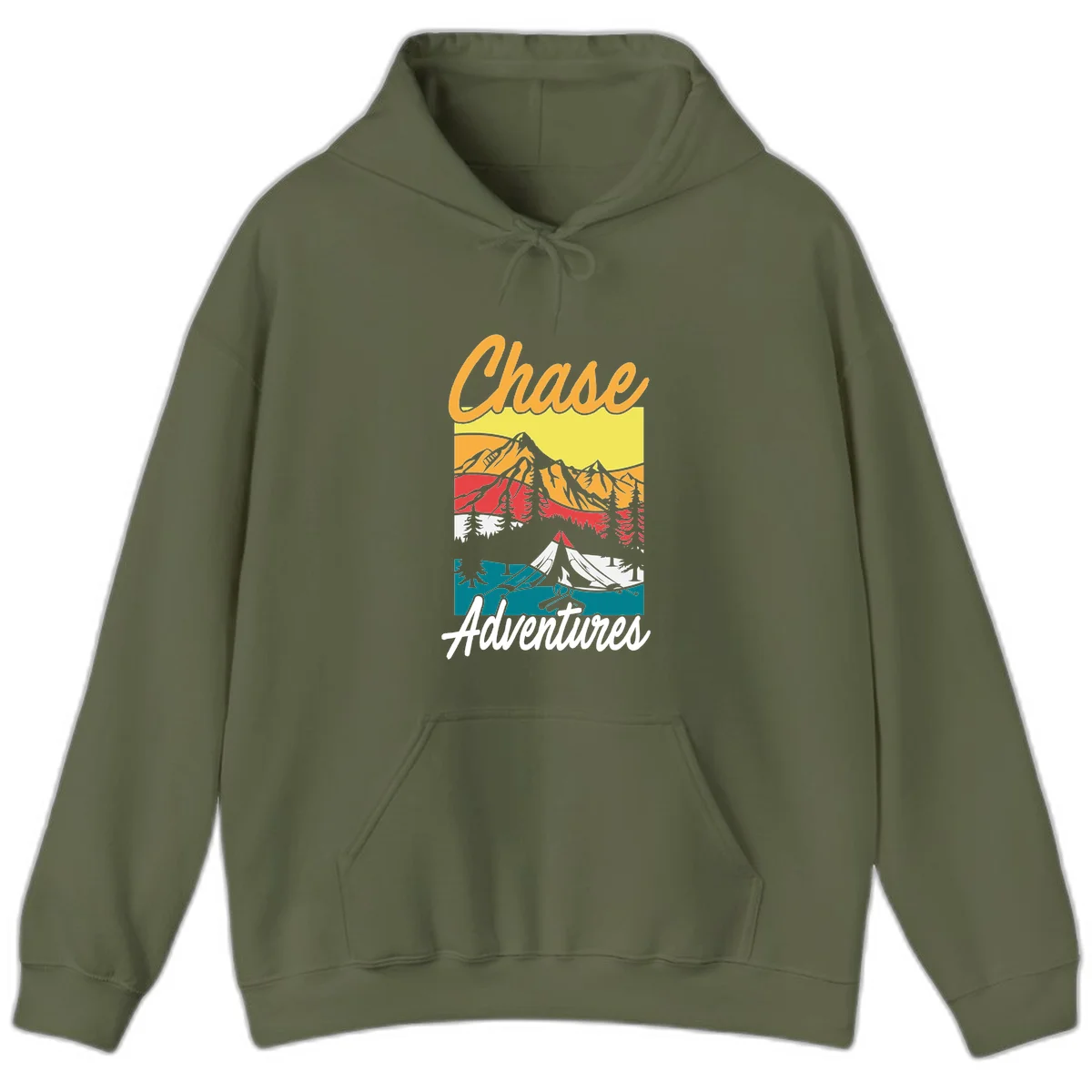 Retro-style chase adventures camping design with layered mountains, tent, campfire, and pine trees in warm oranges and cool teals. in Military Green