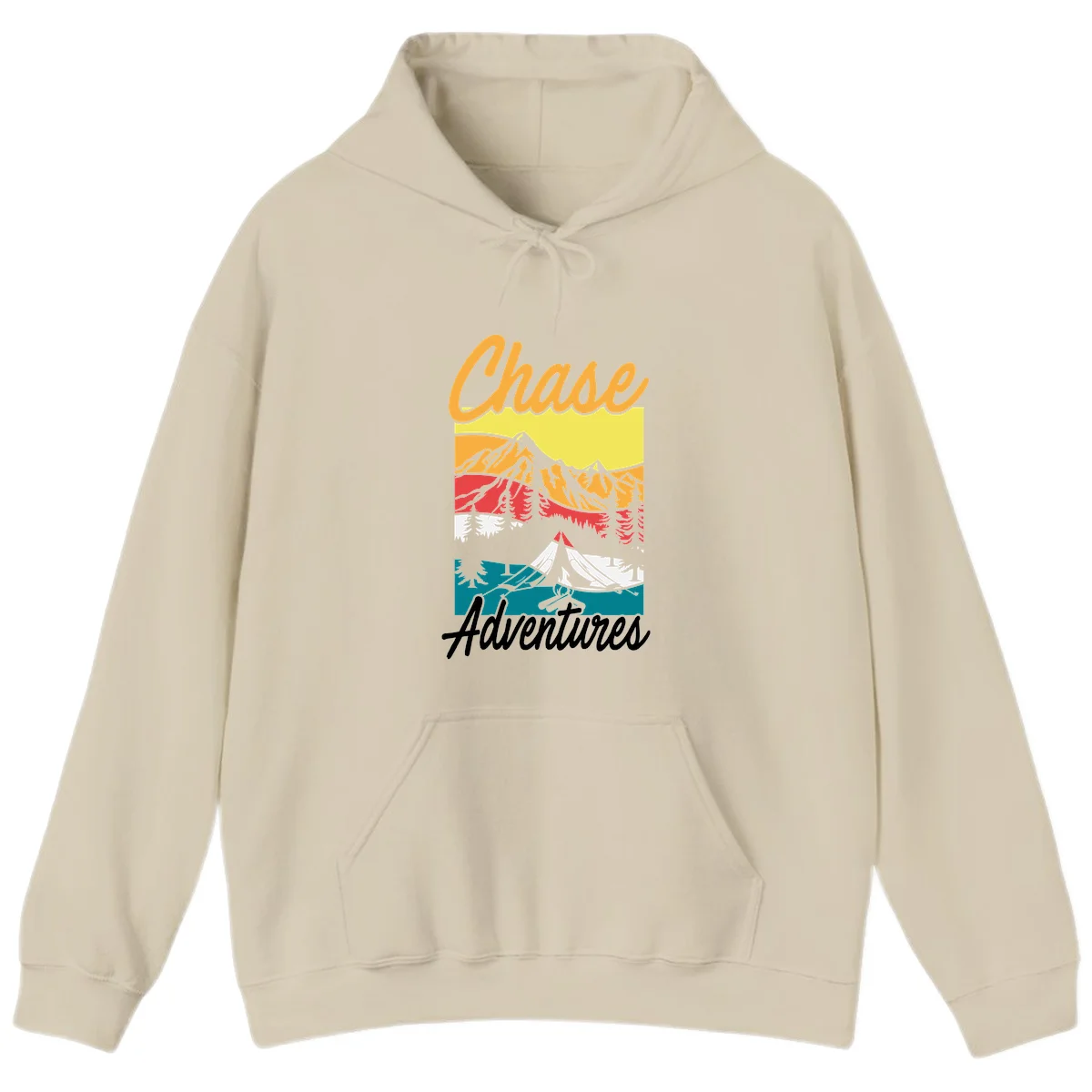 Retro-style chase adventures camping design with layered mountains, tent, campfire, and pine trees in warm oranges and cool teals. in Sand