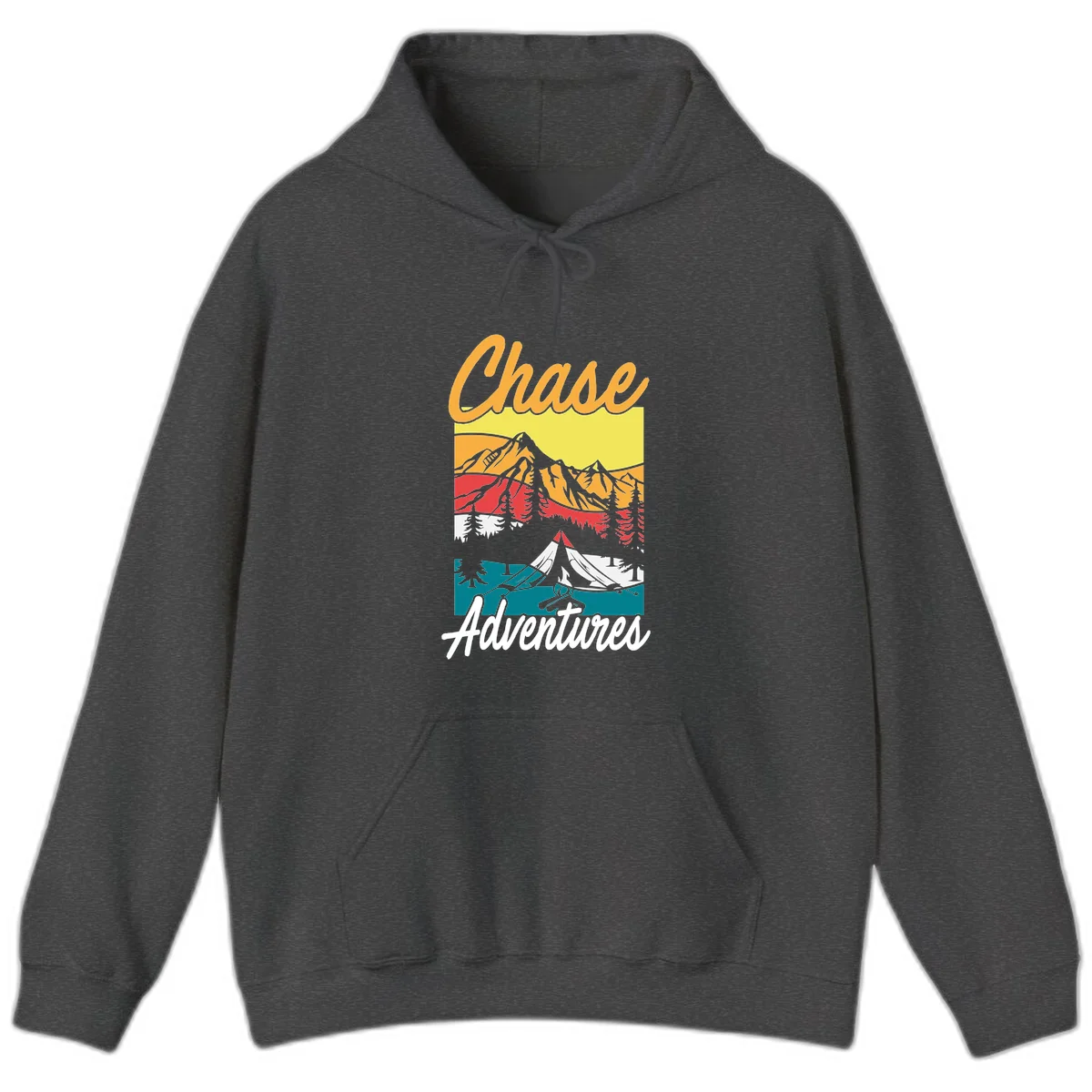 Retro-style chase adventures camping design with layered mountains, tent, campfire, and pine trees in warm oranges and cool teals. in Dark Heather