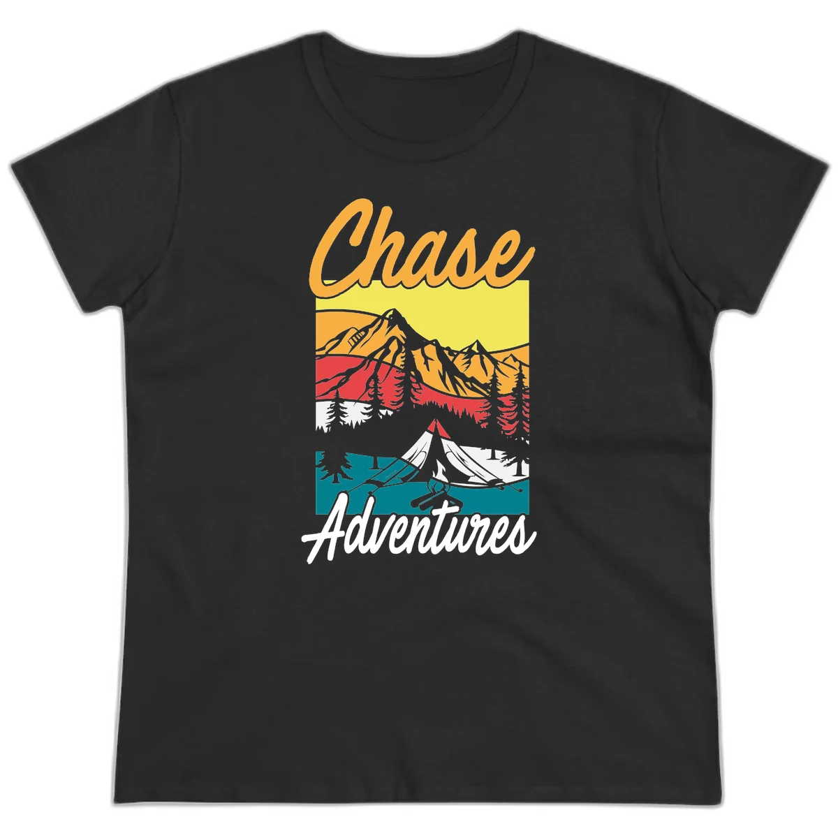 Retro-style chase adventures camping design with layered mountains, tent, campfire, and pine trees in warm oranges and cool teals. in Black