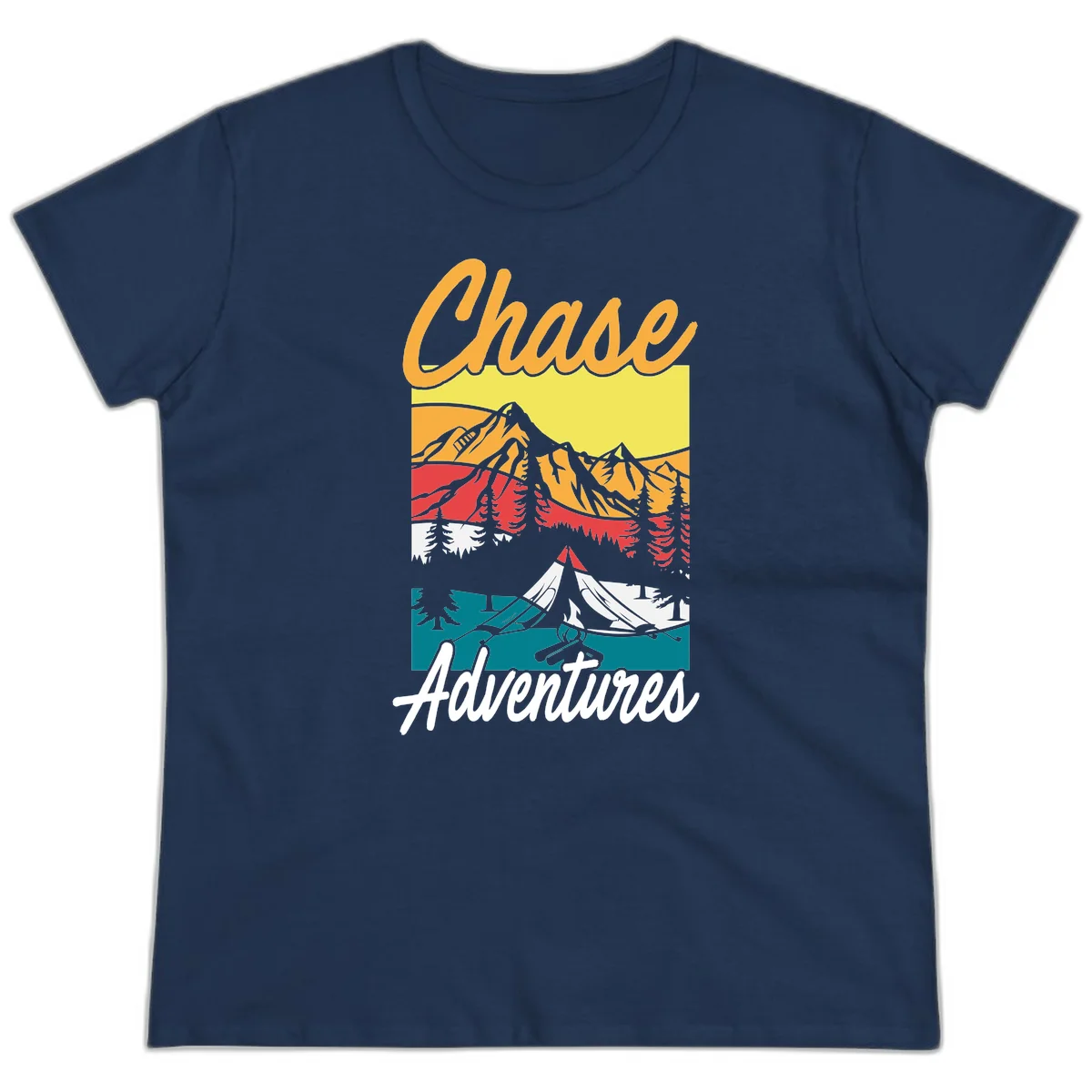 Retro-style chase adventures camping design with layered mountains, tent, campfire, and pine trees in warm oranges and cool teals. in Navy