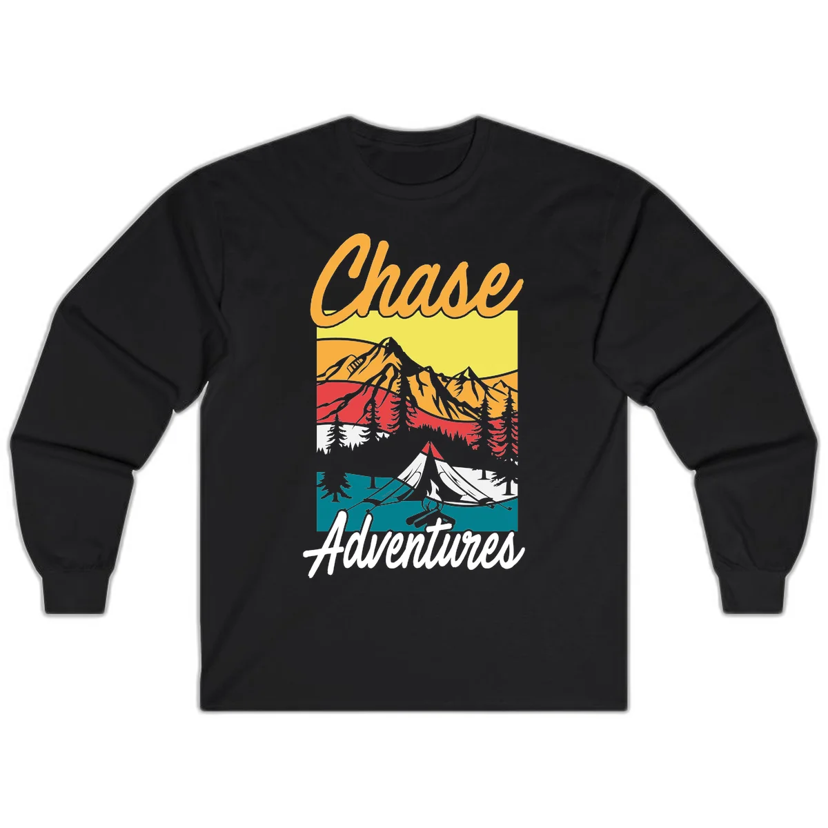 Retro-style chase adventures camping design with layered mountains, tent, campfire, and pine trees in warm oranges and cool teals. in Black