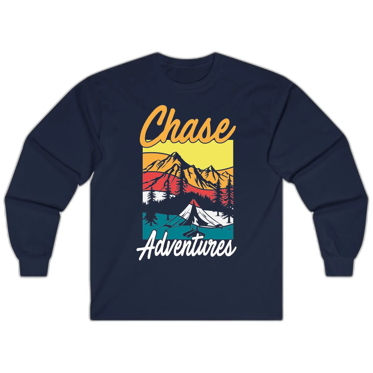 Retro-style chase adventures camping design with layered mountains, tent, campfire, and pine trees in warm oranges and cool teals. in Navy
