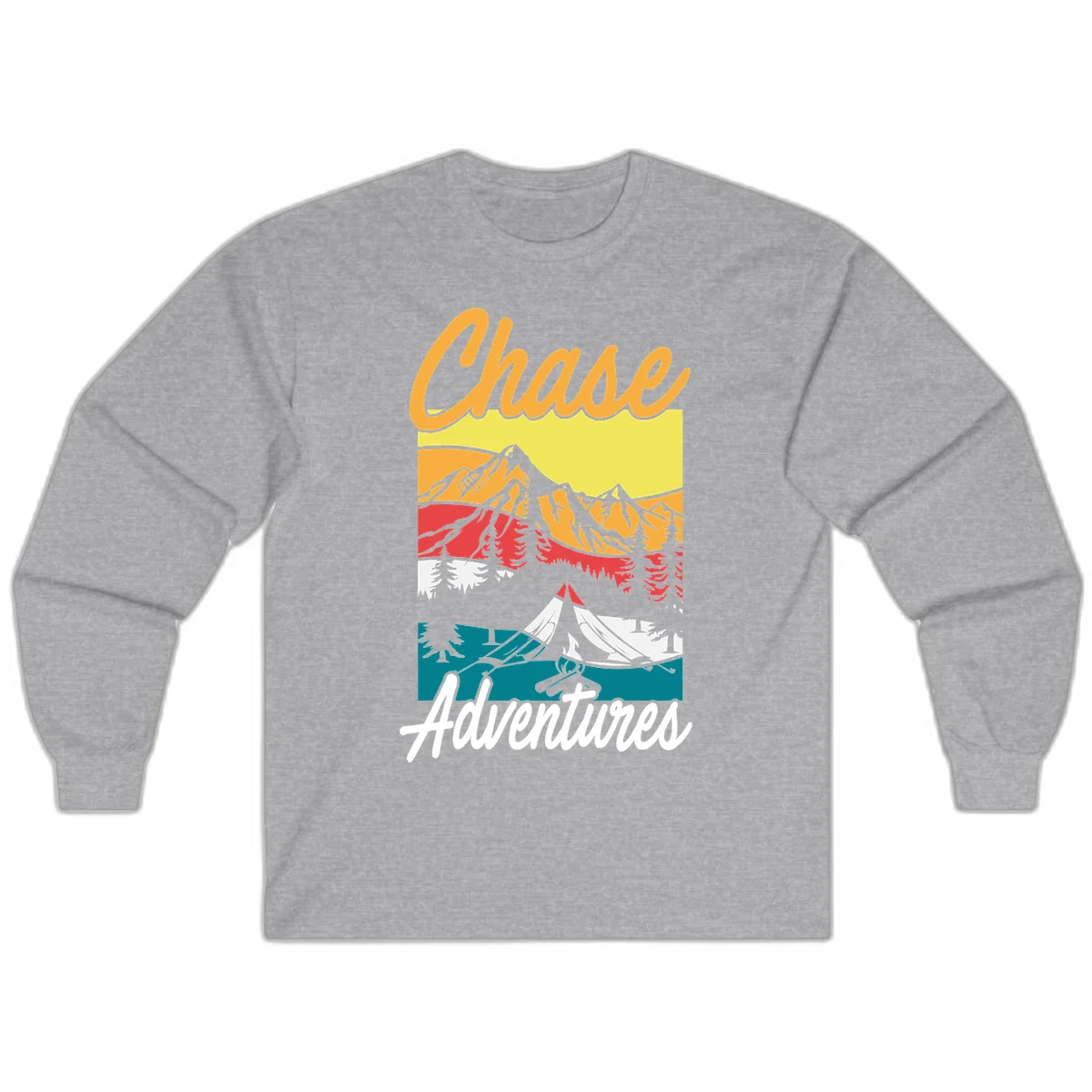Retro-style chase adventures camping design with layered mountains, tent, campfire, and pine trees in warm oranges and cool teals. in Sport Grey