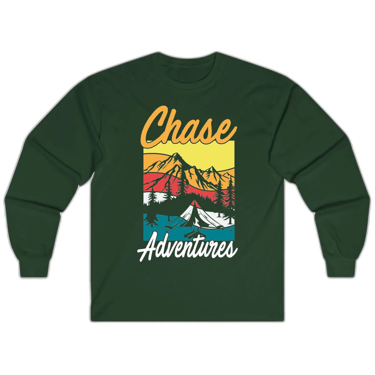 Retro-style chase adventures camping design with layered mountains, tent, campfire, and pine trees in warm oranges and cool teals. in Forest Green