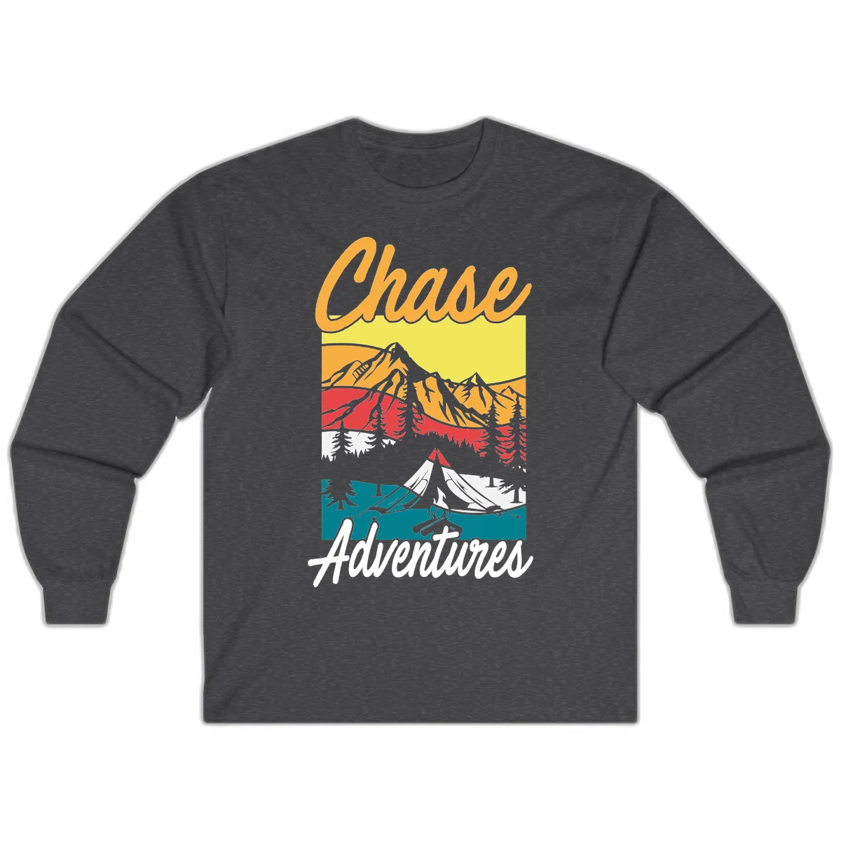 Retro-style chase adventures camping design with layered mountains, tent, campfire, and pine trees in warm oranges and cool teals. in Dark Heather