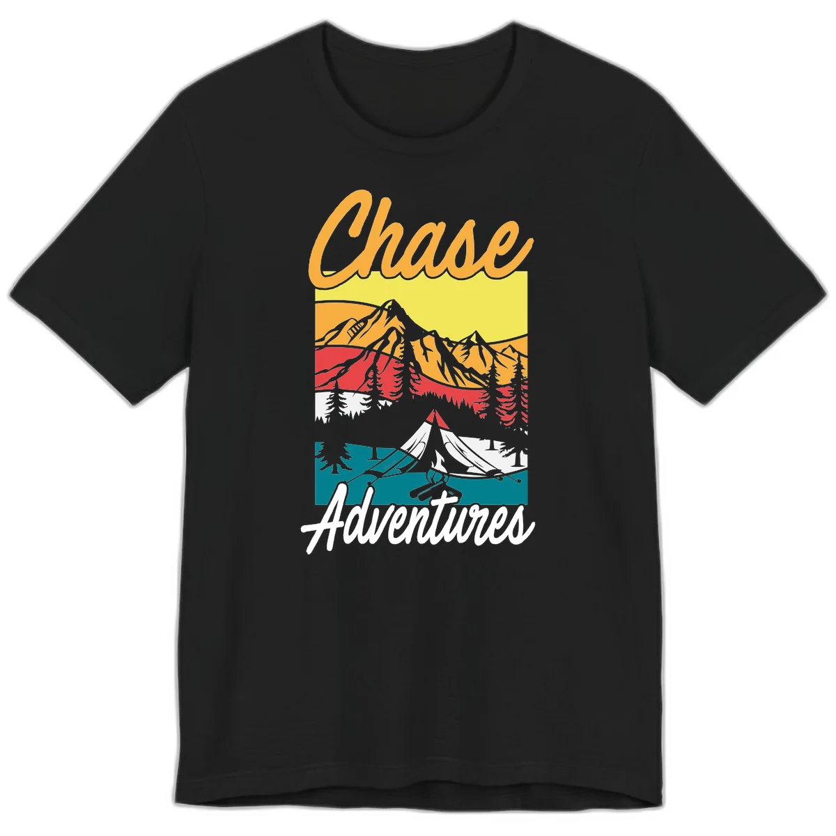Retro-style chase adventures camping design with layered mountains, tent, campfire, and pine trees in warm oranges and cool teals. in Black