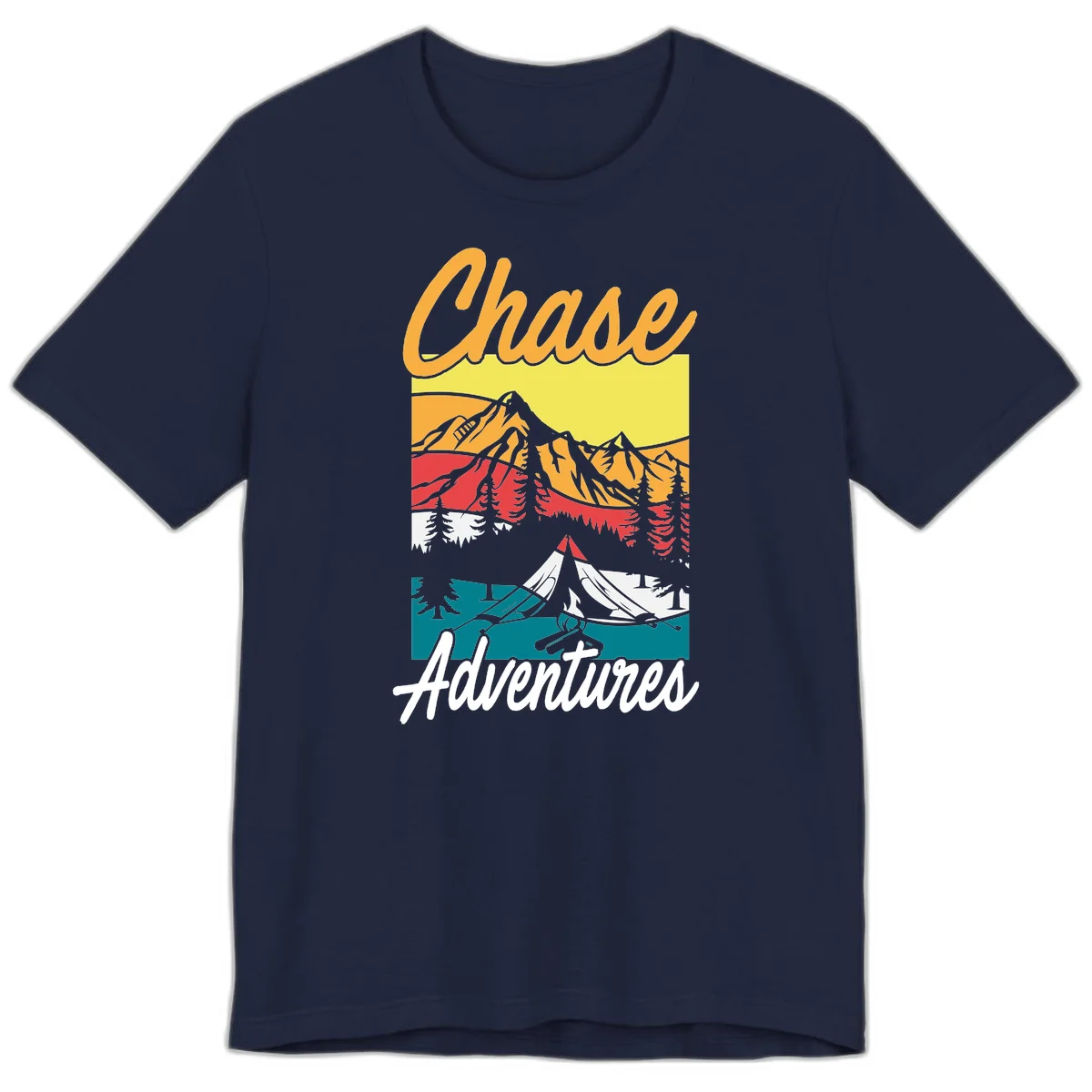 Retro-style chase adventures camping design with layered mountains, tent, campfire, and pine trees in warm oranges and cool teals. in Navy