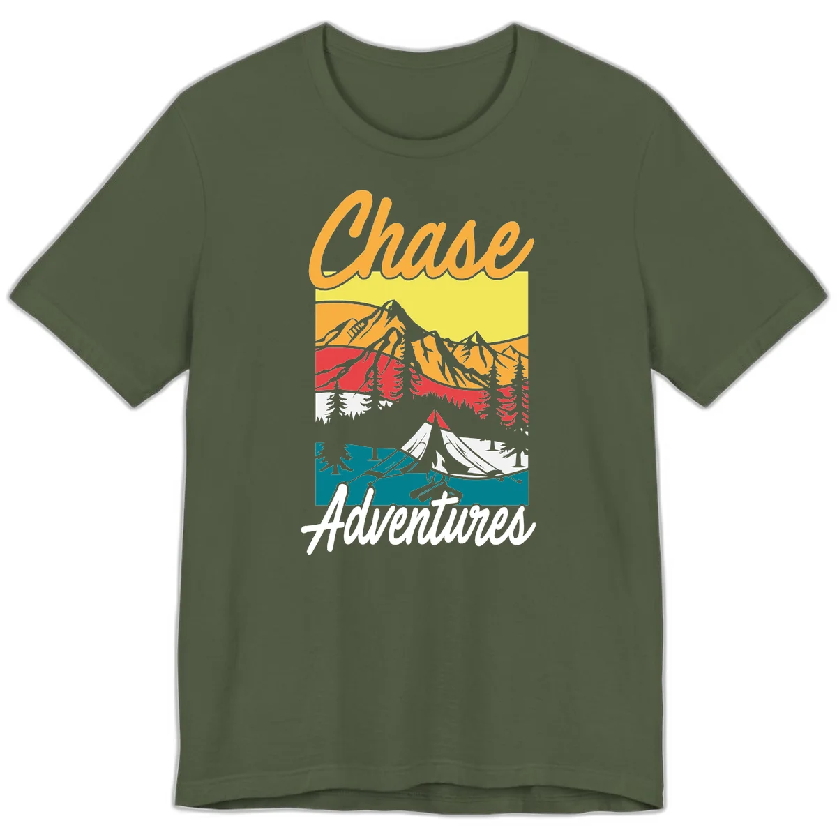 Retro-style chase adventures camping design with layered mountains, tent, campfire, and pine trees in warm oranges and cool teals. in Military Green