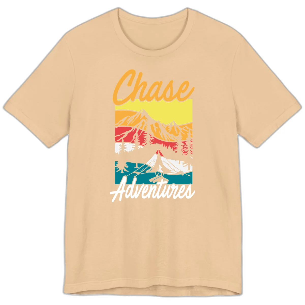 Retro-style chase adventures camping design with layered mountains, tent, campfire, and pine trees in warm oranges and cool teals. in Sand Dune