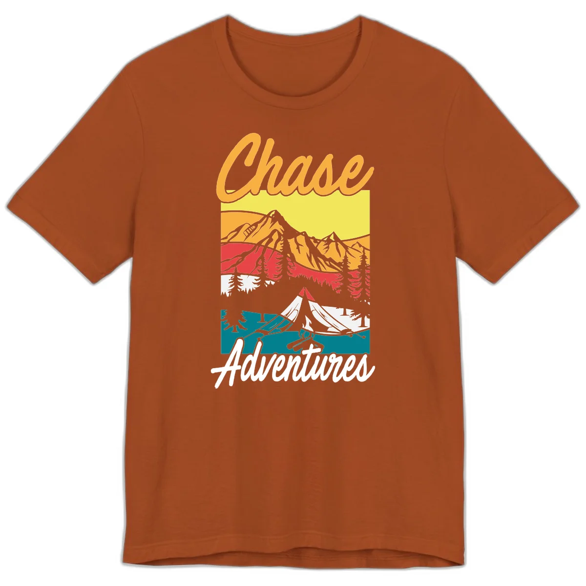 Retro-style chase adventures camping design with layered mountains, tent, campfire, and pine trees in warm oranges and cool teals. in Autumn