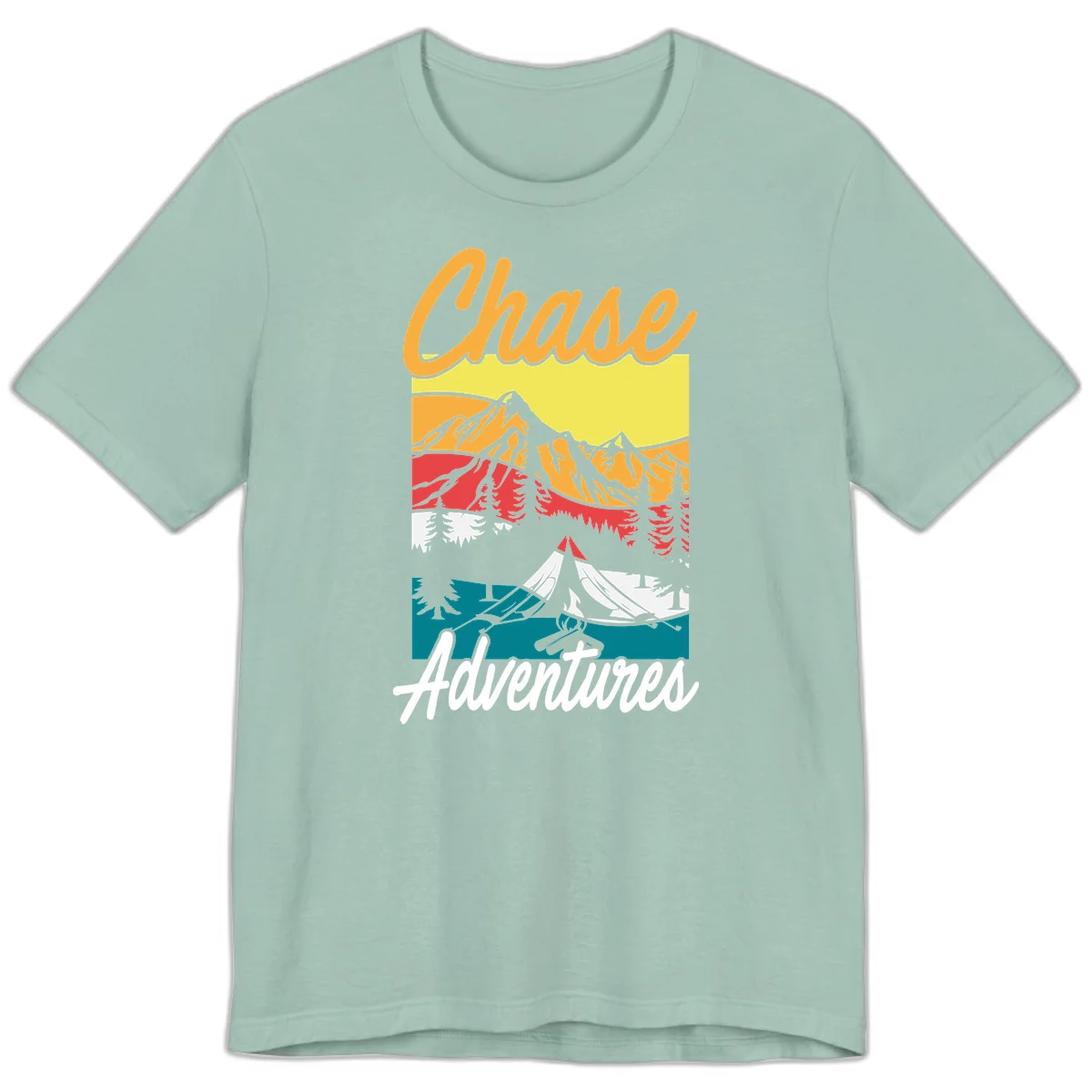 Retro-style chase adventures camping design with layered mountains, tent, campfire, and pine trees in warm oranges and cool teals. in Dusty Blue