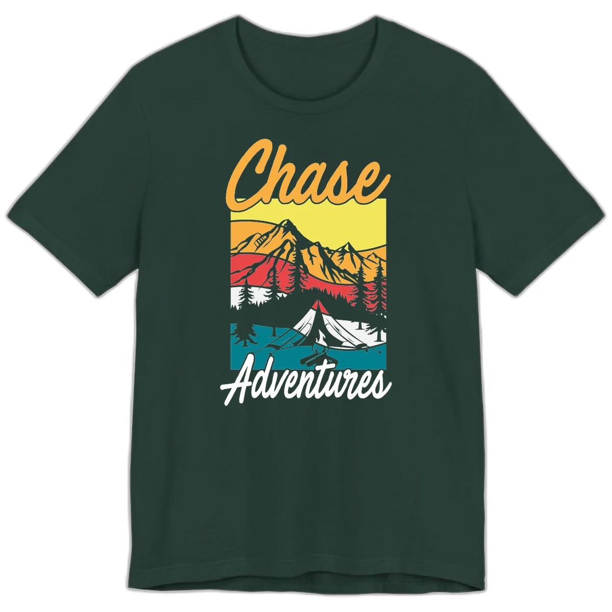 Retro-style chase adventures camping design with layered mountains, tent, campfire, and pine trees in warm oranges and cool teals. in Forest