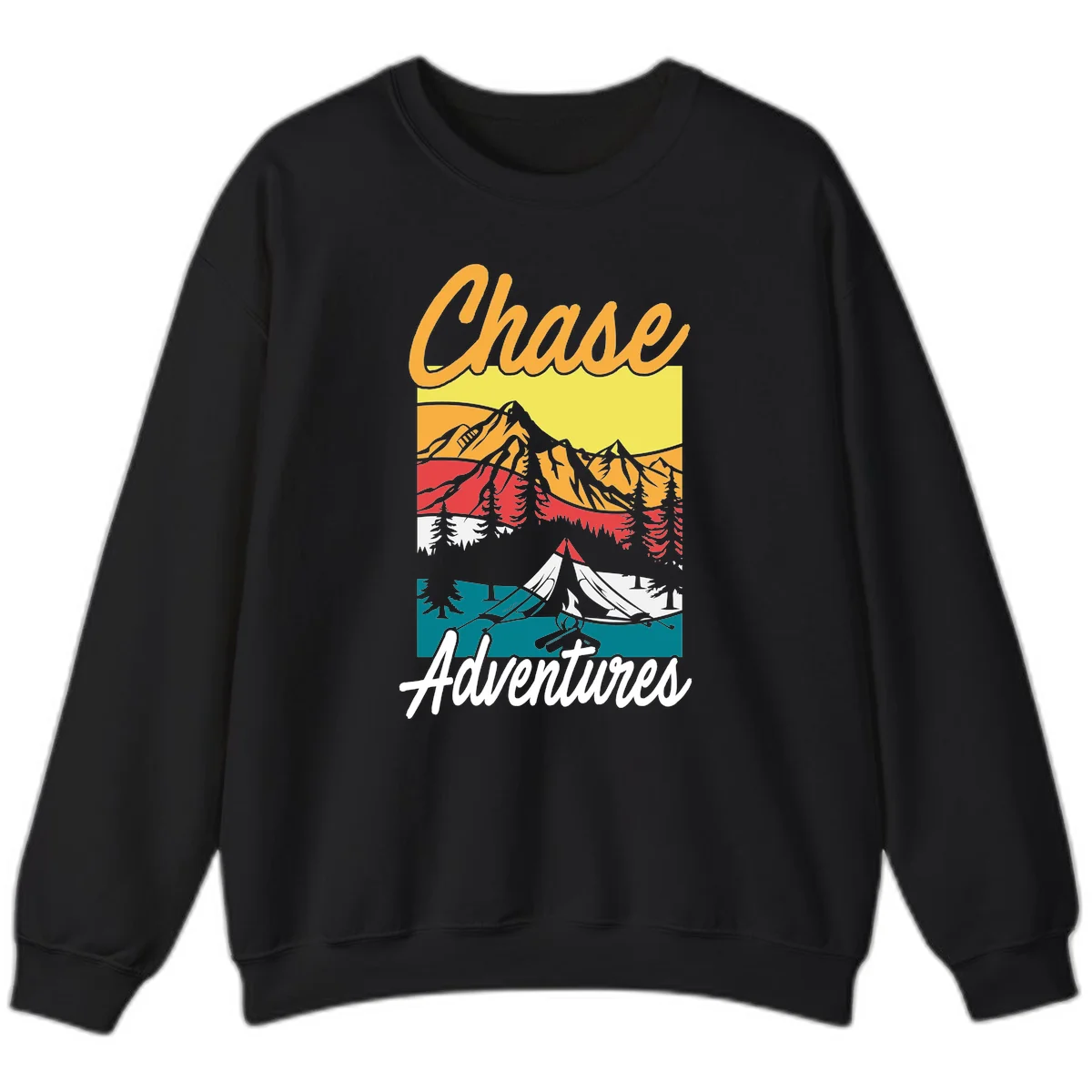 Retro-style chase adventures camping design with layered mountains, tent, campfire, and pine trees in warm oranges and cool teals. in Black