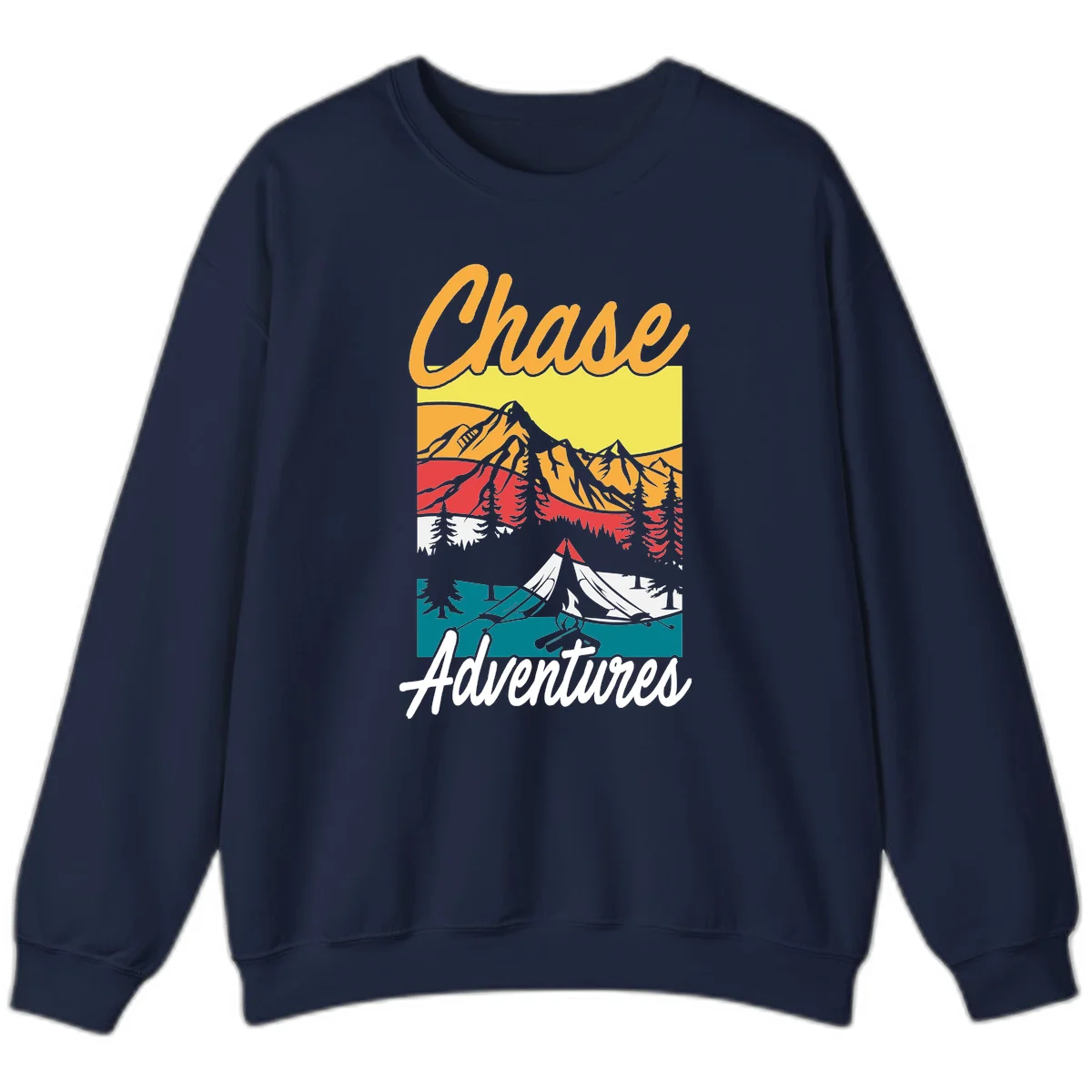 Retro-style chase adventures camping design with layered mountains, tent, campfire, and pine trees in warm oranges and cool teals. in Navy