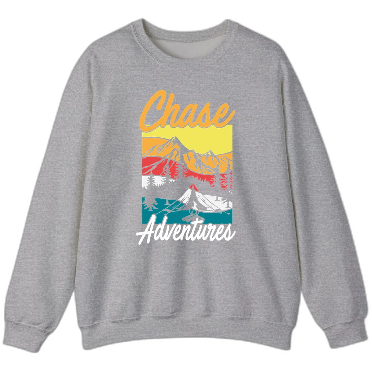 Retro-style chase adventures camping design with layered mountains, tent, campfire, and pine trees in warm oranges and cool teals. in Sport Grey