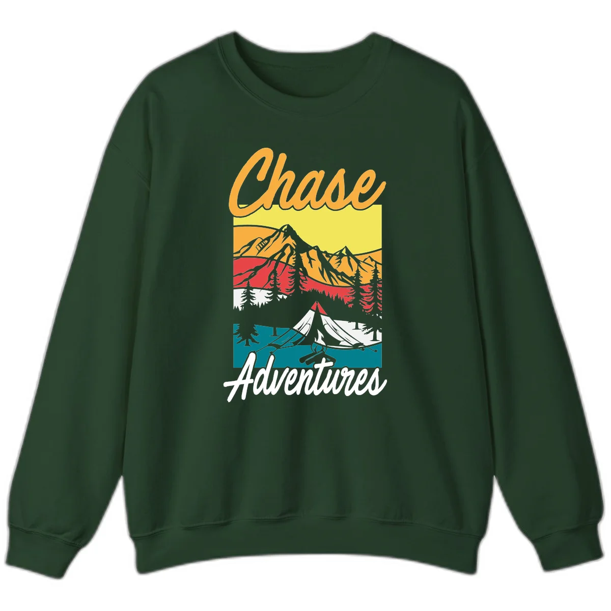Retro-style chase adventures camping design with layered mountains, tent, campfire, and pine trees in warm oranges and cool teals. in Forest Green